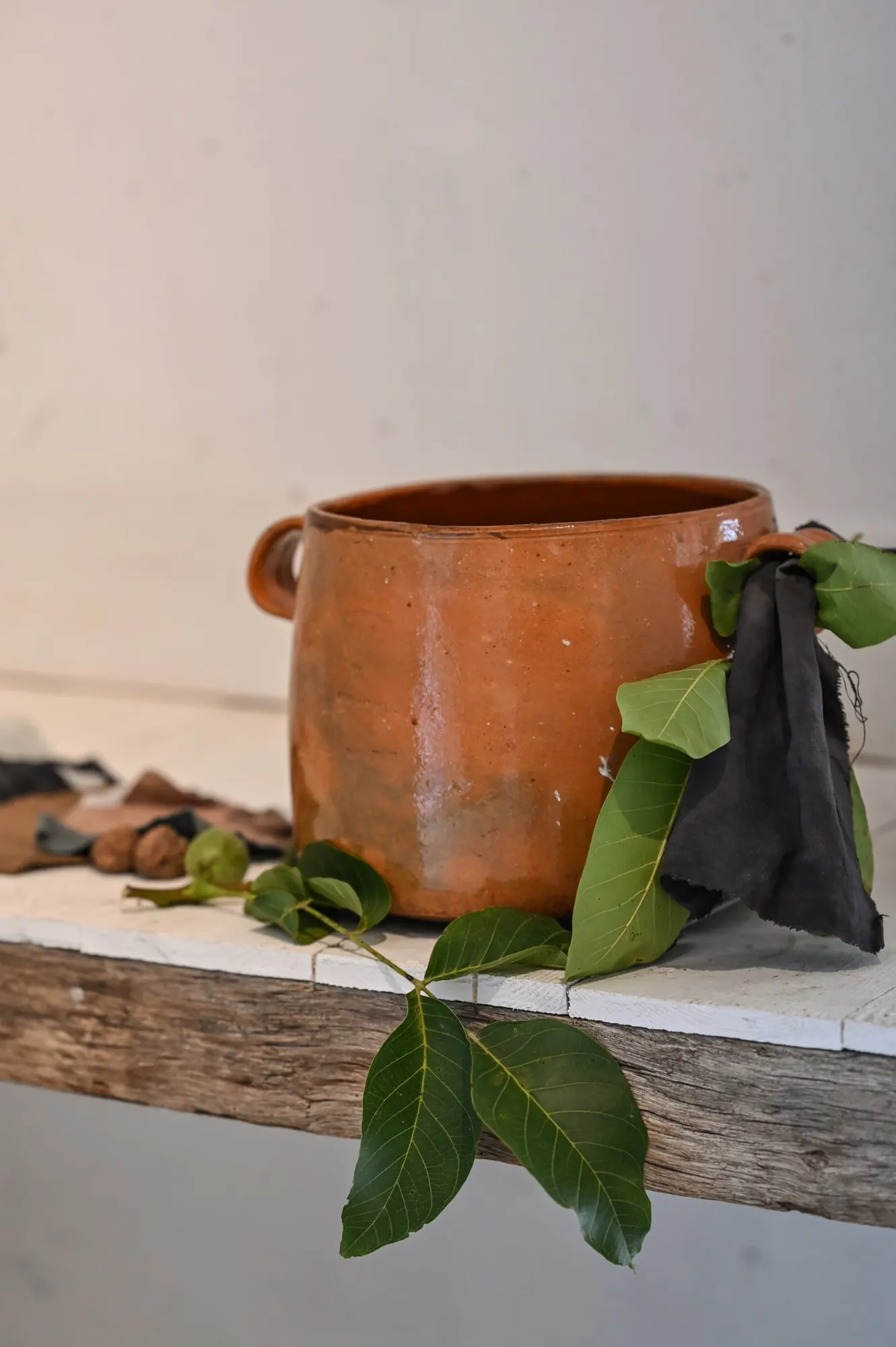 Walnut leaves and dyed cloth beside a terracotta pot