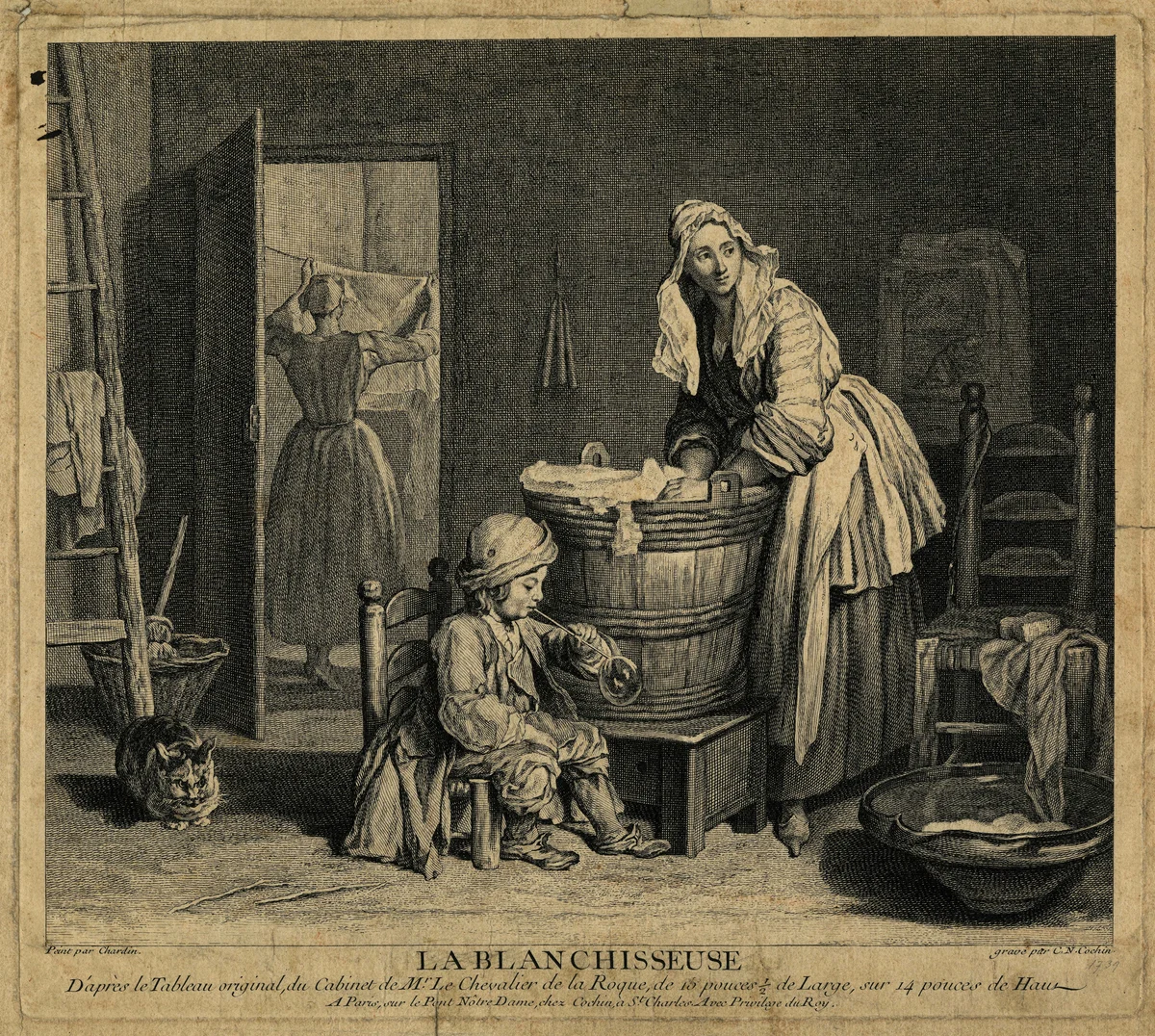 La Blanchisseuse, engraving by Cochin after Chardin, 1739